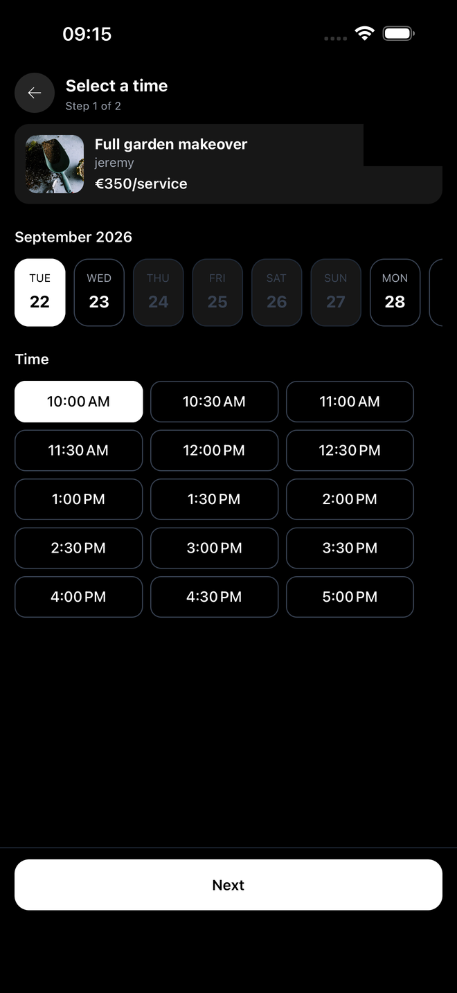 Picking a day and time to book a provider in the Service Connect app