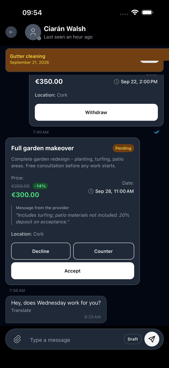In-app chat with a provider showing an offer and the agreed price