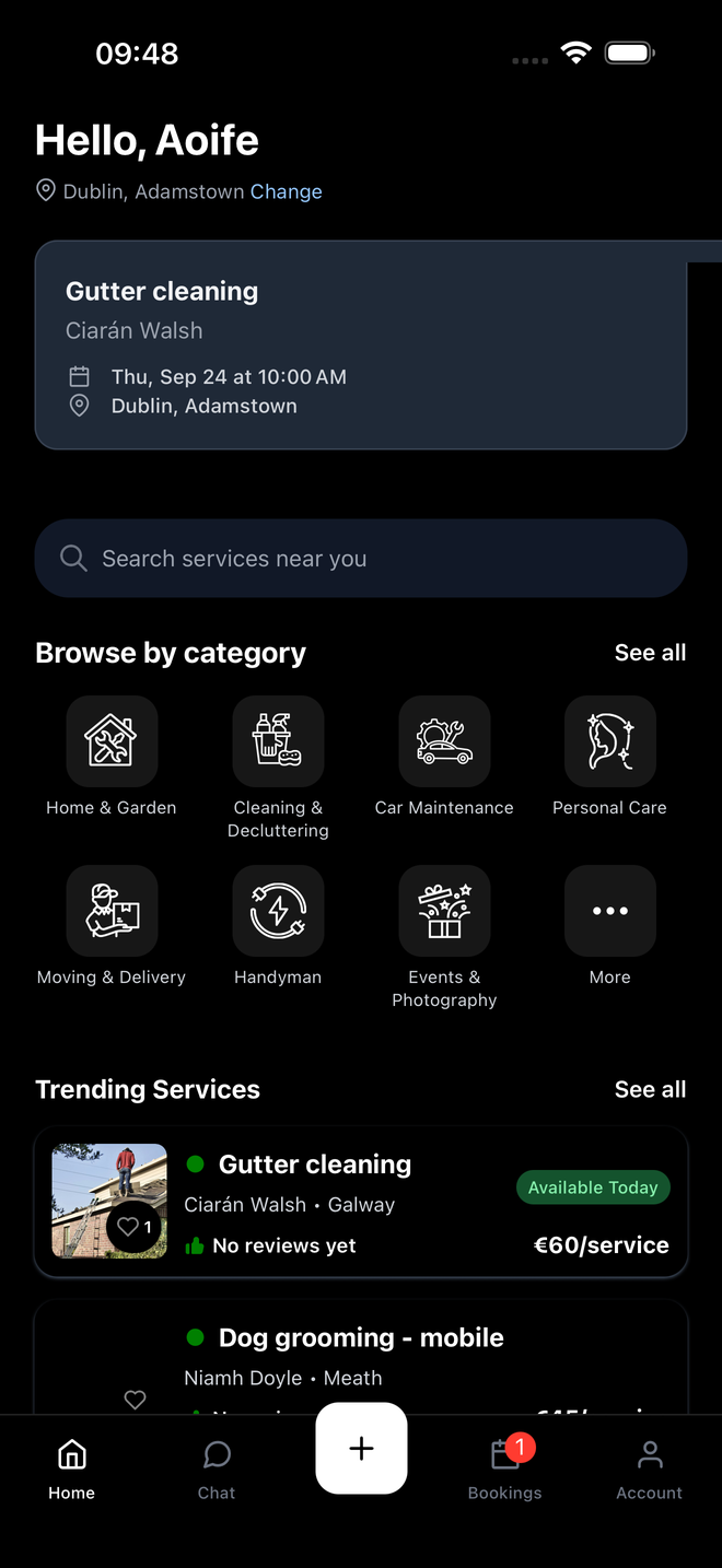 Service Connect home screen showing nearby verified providers in Dublin, Rathmines