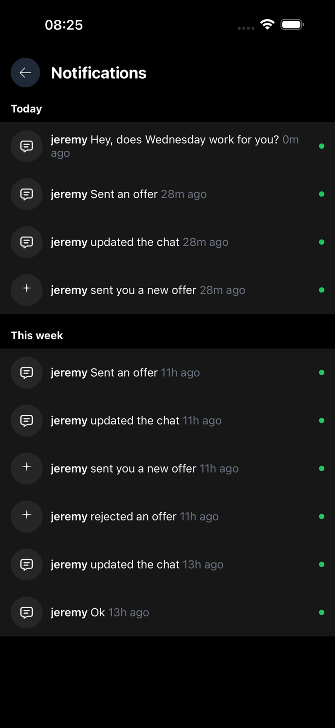 Notifications screen showing a booking accepted and new messages